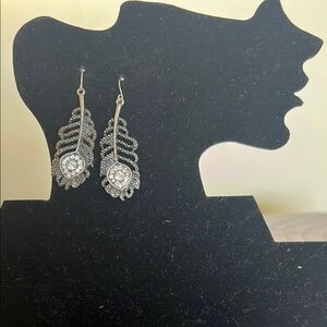 Silver Feather Drop Earrings with Rhinestones